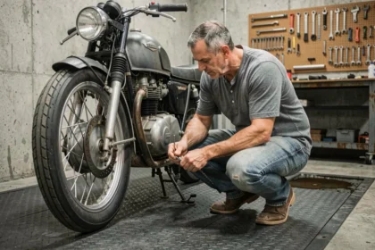 Mécanicien inspectant une moto posée sur un tapis de garage en caoutchouc dans un atelier authentique
