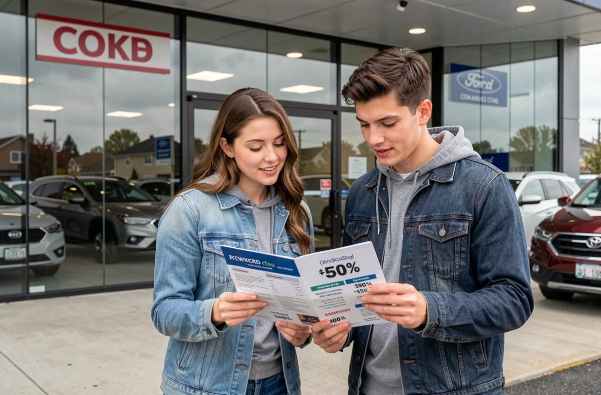 Deux jeunes adultes devant une concession automobile consultant une brochure sur les tarifs d'assurance
