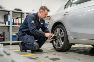 Technicien DEKRA réalisant un contrôle technique sur une voiture dans un centre agréé
