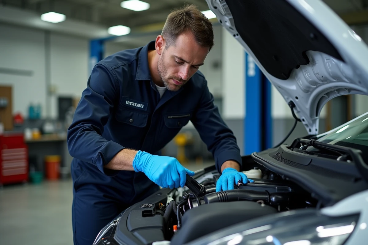 Technicien automobile inspectant un moteur Renault TCe avec un outil de diagnostic dans un garage professionnel