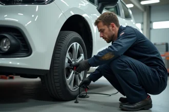 Technicien automobile connectant un outil de diagnostic OBD2 sur une Renault Clio 5 dans un garage professionnel