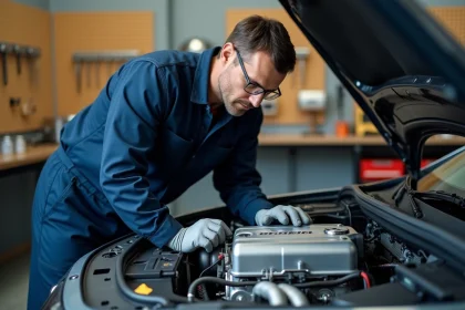 Technicien automobile inspectant un moteur turbo TCe Renault dans un atelier professionnel