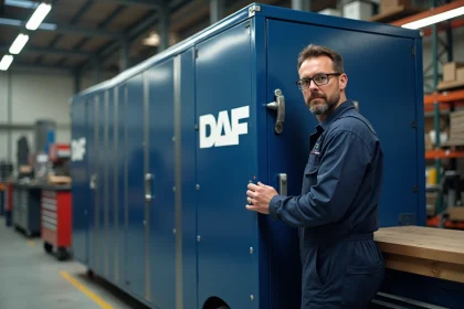 Technicien en atelier posant un logo DAF sur un meuble industriel