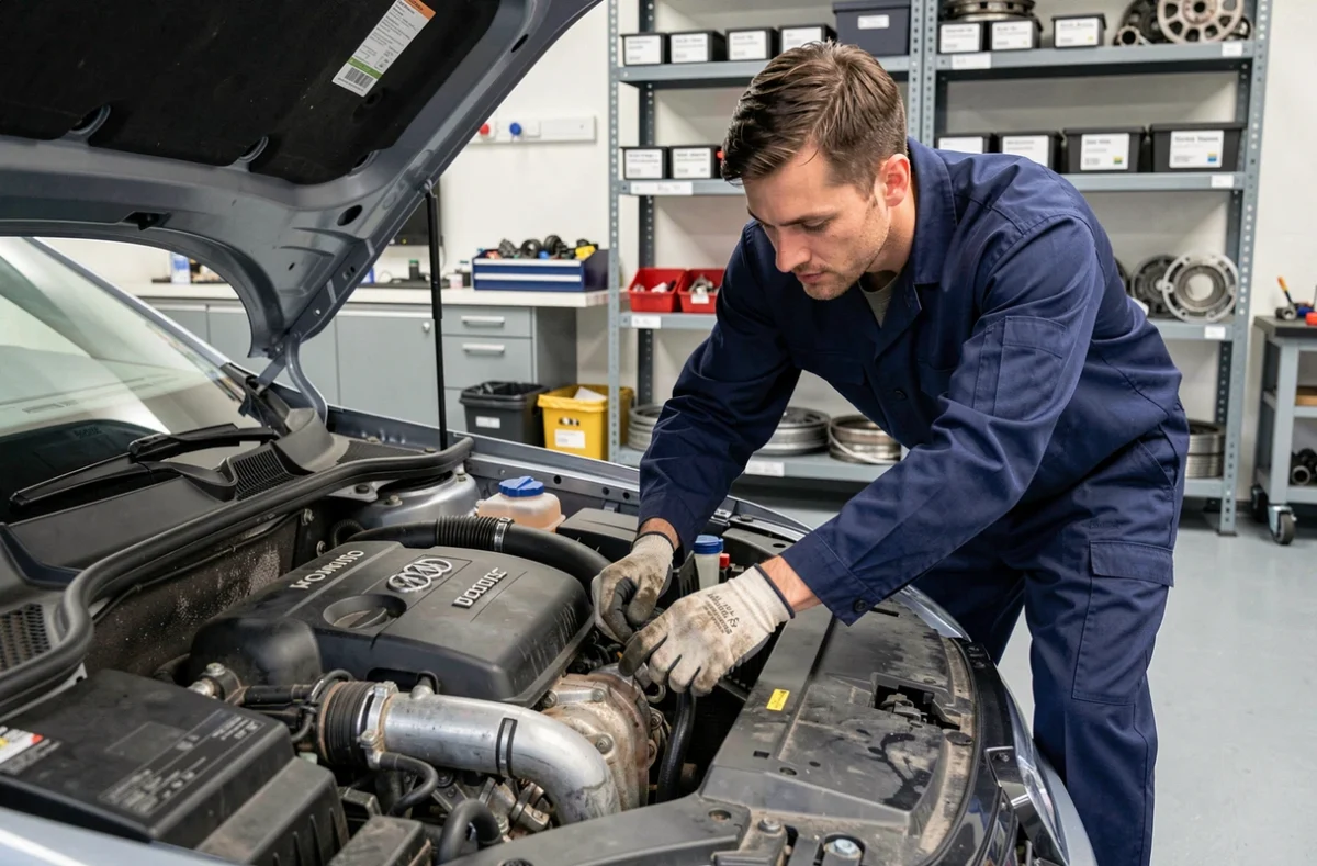 Technicien inspectant le moteur 1.0 TSI d'une Volkswagen dans un atelier automobile moderne