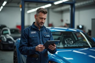 Technicien automobile expert consultant une tablette avec des données de préparation moteur dans un atelier de tuning professionnel