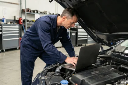 Technicien automobile connectant un ordinateur portable à l'unité de contrôle moteur d'une voiture pour une reprogrammation Shiftech en atelier