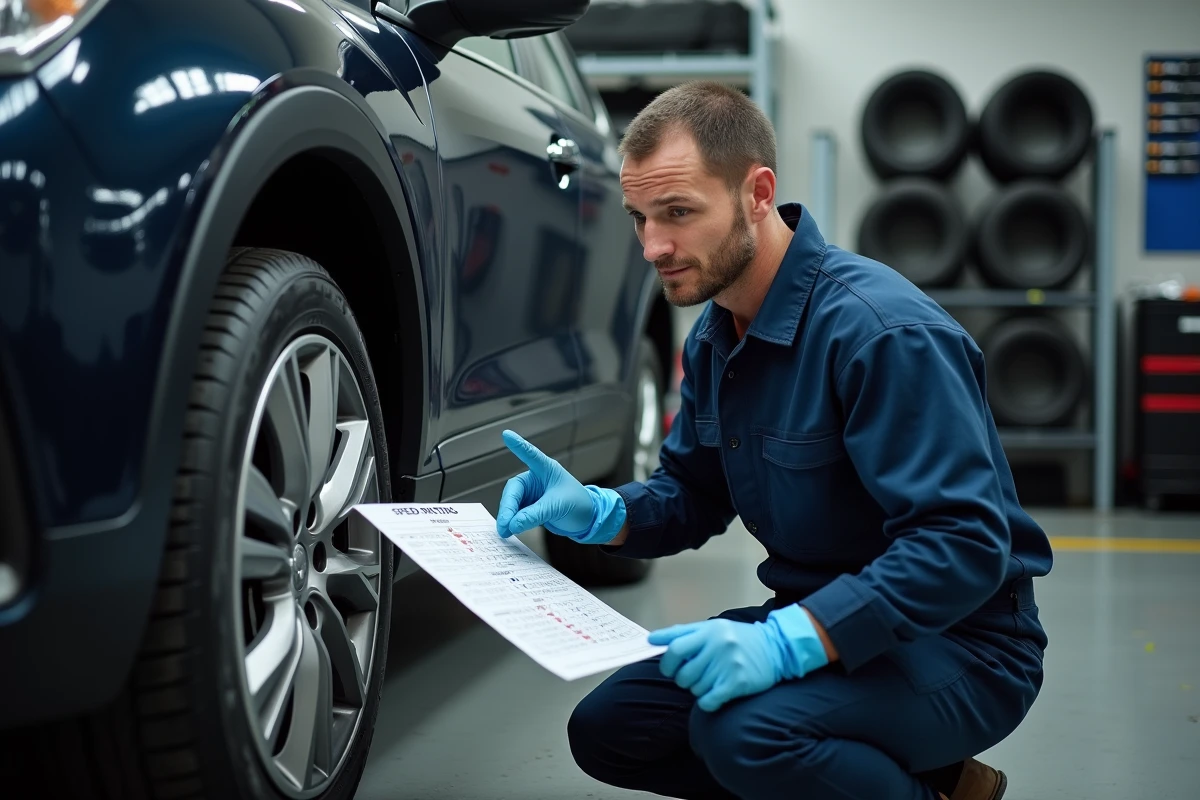 Technicien automobile consultant un tableau des indices de vitesse de pneu dans un atelier de montage