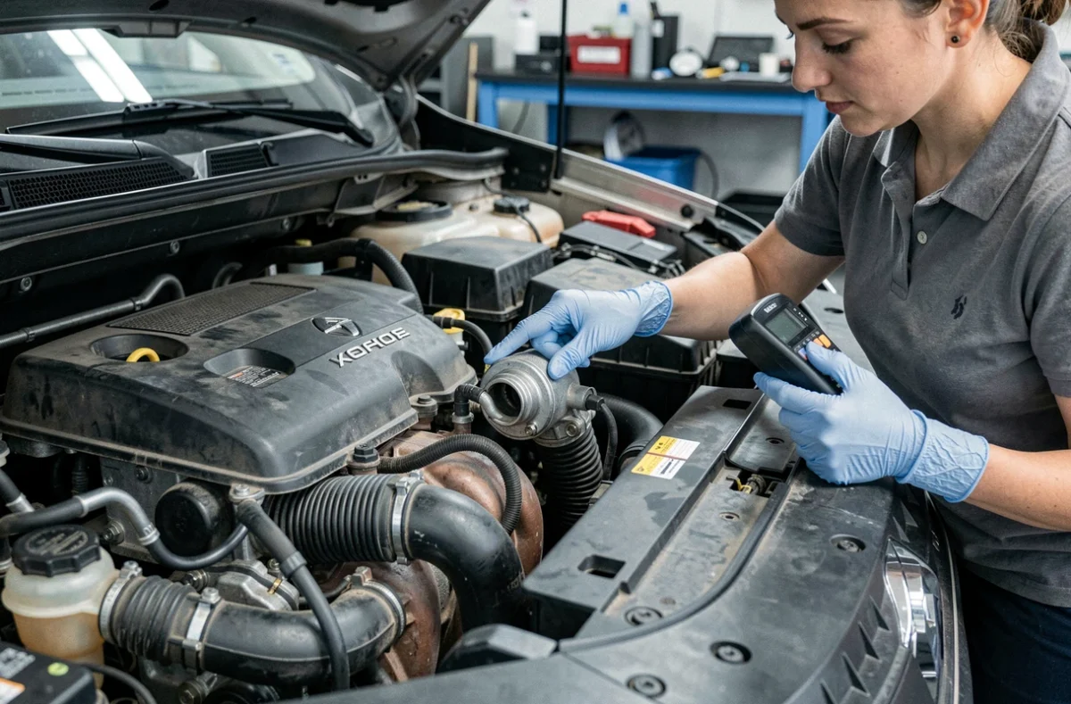 Technicienne automobile analysant le turbo du moteur Renault Kadjar 1.3 TCe avec outil de diagnostic