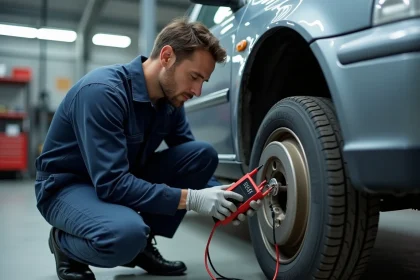 Technicien automobile testant un capteur ABS avec un multimètre numérique sur un véhicule surélevé en atelier