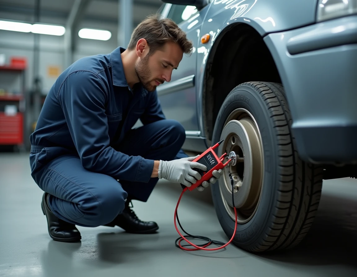 Technicien automobile testant un capteur ABS avec un multimètre numérique sur un véhicule surélevé en atelier