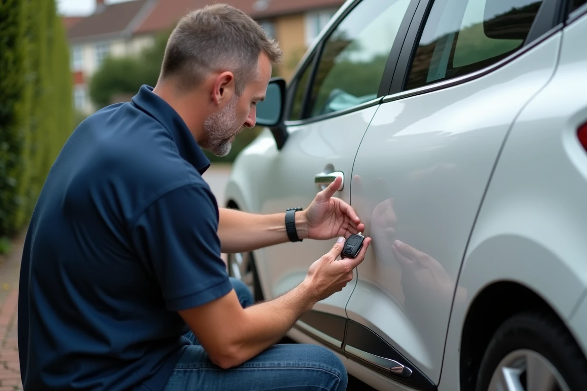 Homme testant le bon fonctionnement de la clé Clio 4 après remplacement de la pile dans une allée résidentielle