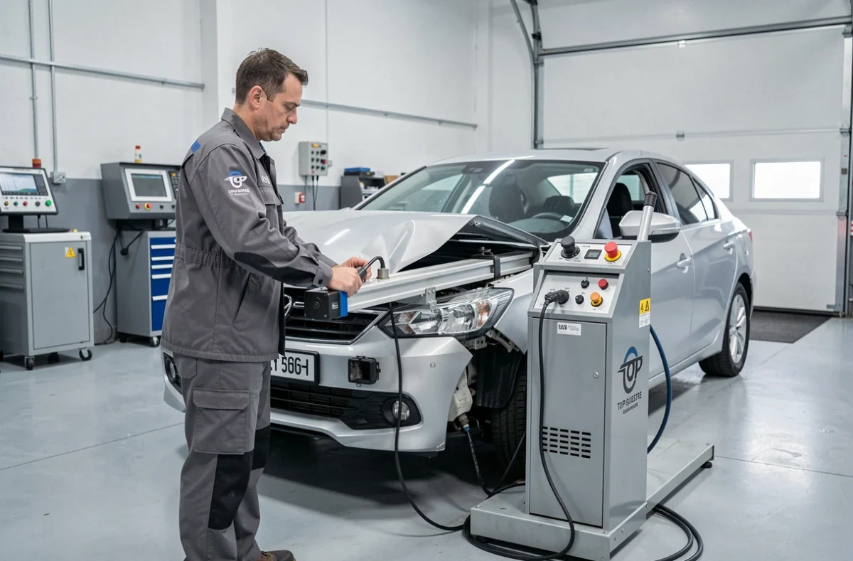 Technicien de Top Garage Sevestre Automobile utilisant un redresseur de châssis informatisé sur un véhicule accidenté