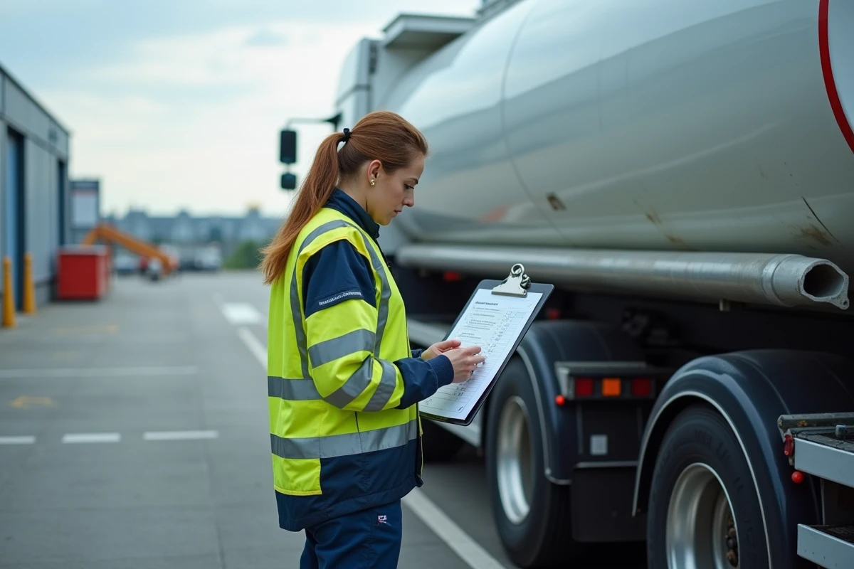 Professionnelle de la logistique vérifiant les consignes de transport d'essence au bord d'un camion-citerne