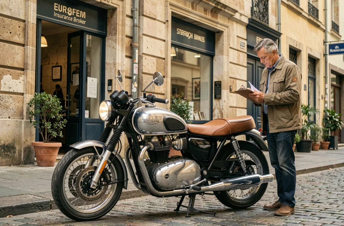Moto Triumph Bonneville garée devant un bureau d'assurance, propriétaire consultant des documents