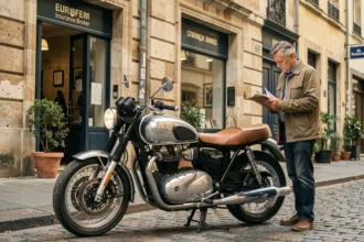 Moto Triumph Bonneville garée devant un bureau d'assurance, propriétaire consultant des documents