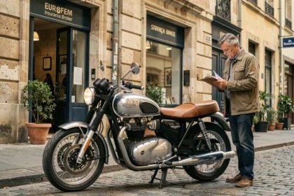 Moto Triumph Bonneville garée devant un bureau d'assurance, propriétaire consultant des documents