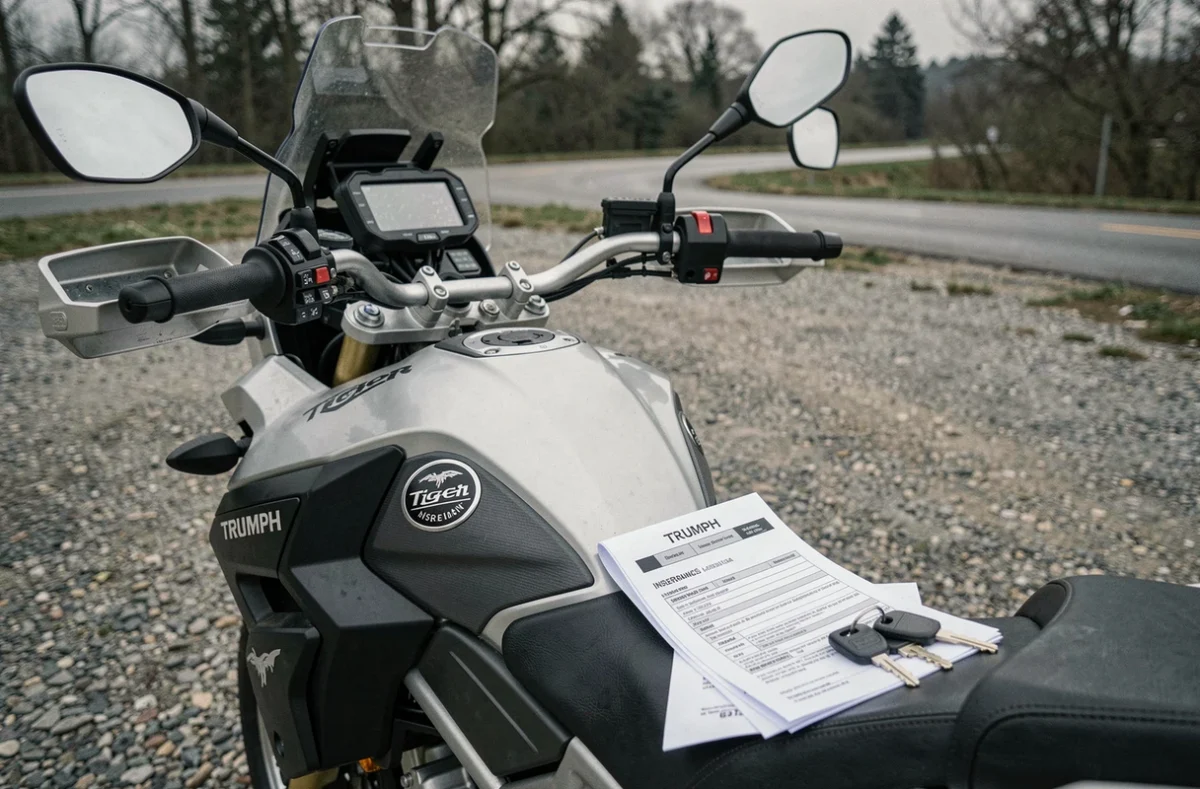 Détail du réservoir d'une Triumph Tiger avec un contrat d'assurance posé sur la selle