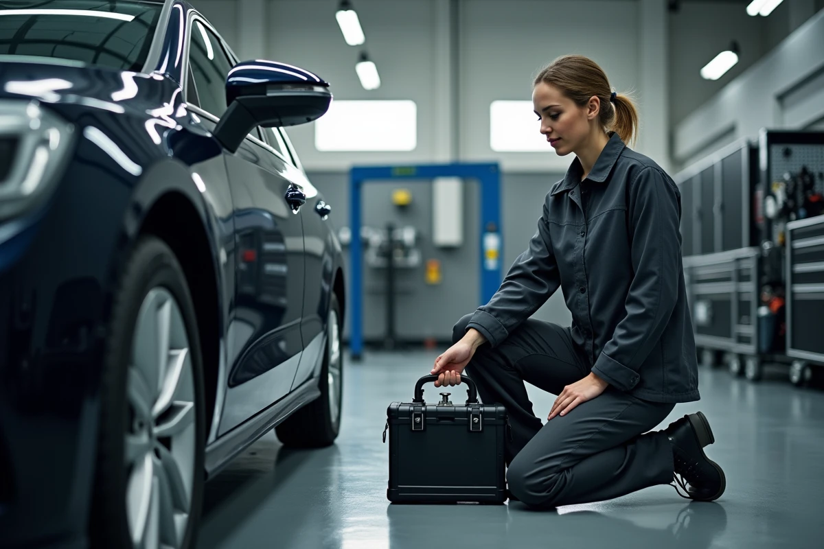 Technicienne utilisant une valise de diagnostic OBD professionnelle sur un véhicule en atelier