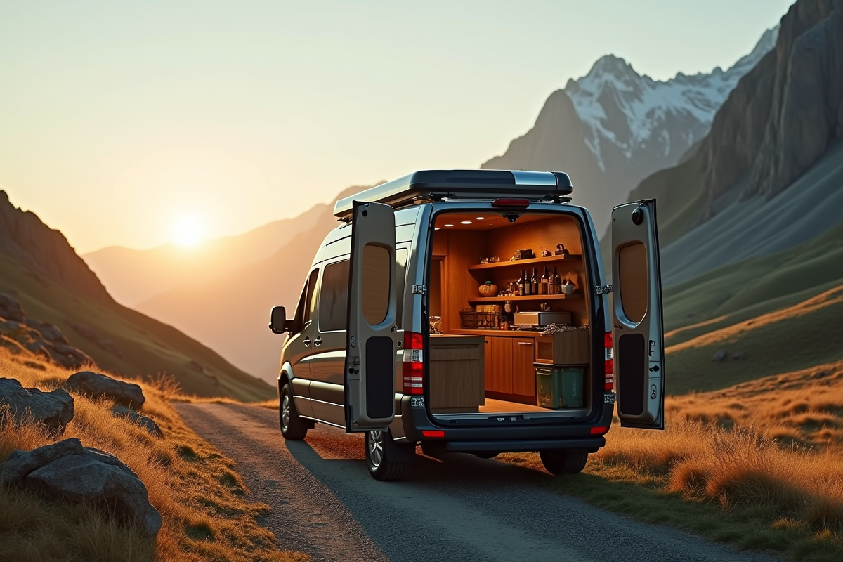 Van converti en montagne avec intérieur cosy et lumière naturelle