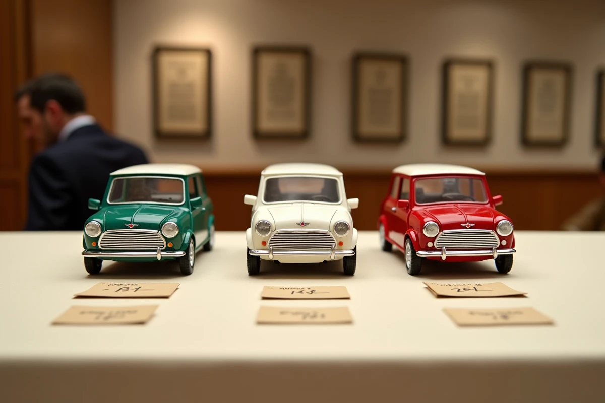 Trois variantes de la Mini Cooper de collection Mr. Bean alignées sur une table d'expertise avec des cartes d'estimation de prix, dans une salle de ventes aux enchères