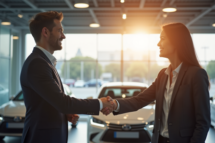 Vendeur de voitures souriant avec client dans un concessionnaire