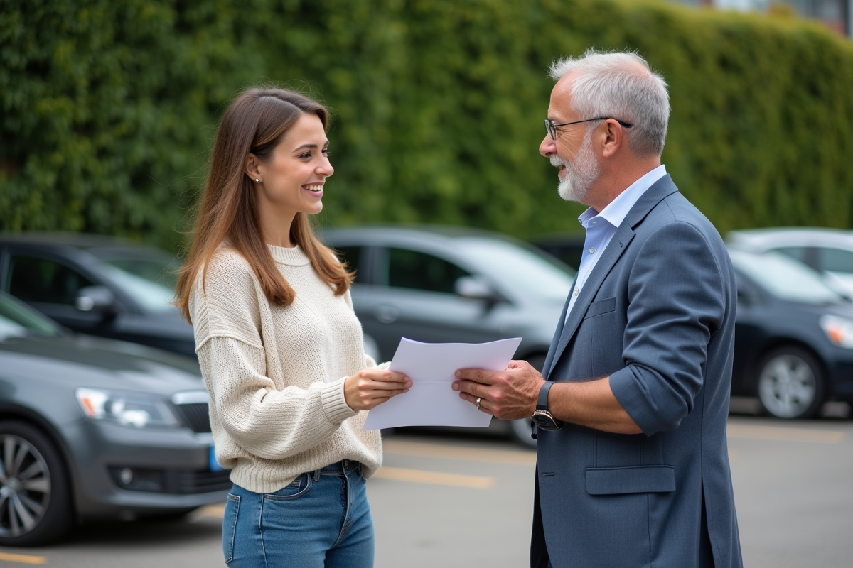 Femme jeune remettant un dossier à un homme dans un parking