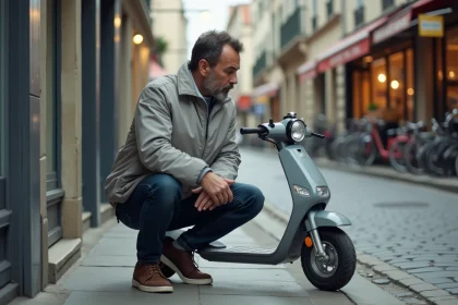 Homme vérifiant la plaque de conformité d'un scooter 50cc en ville pour circuler sans permis