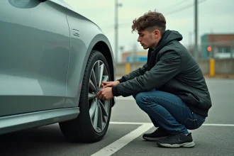 Jeune homme inspectant les pneus d'une voiture avant le passage du permis de conduire, vérification technique extérieure
