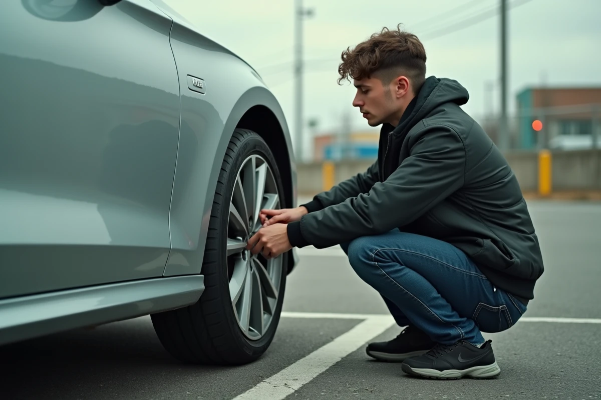 Jeune homme inspectant les pneus d'une voiture avant le passage du permis de conduire, vérification technique extérieure