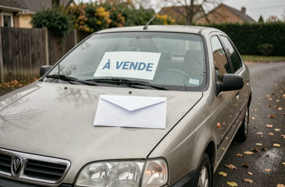 Voiture à vendre dans une allée résidentielle avec une enveloppe de lettre de résiliation posée sur le capot