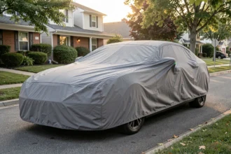 Voiture berline recouverte d'une housse grise dans une rue calme
