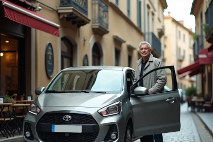 Homme à côté d'une voiture compacte garée dans une rue pavée européenne, illustrant la dimension idéale d'une citadine en milieu urbain