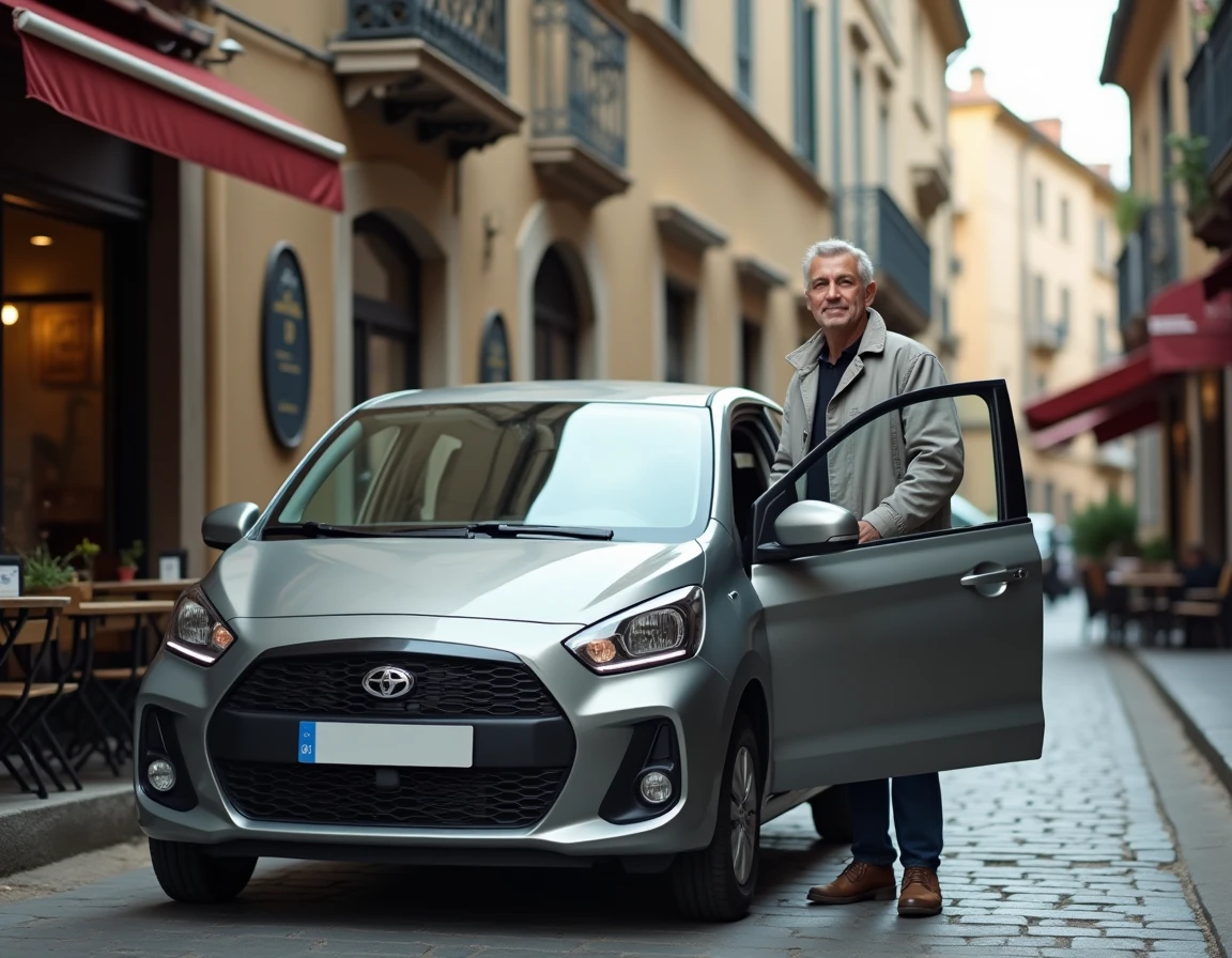Homme à côté d'une voiture compacte garée dans une rue pavée européenne, illustrant la dimension idéale d'une citadine en milieu urbain