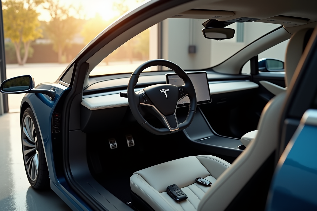 Voiture électrique luxueuse dans un garage ensoleille avec logo Tesla