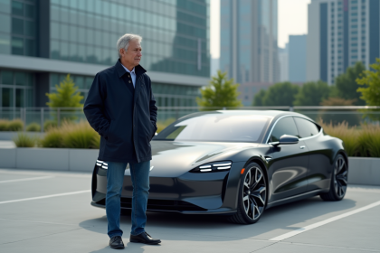 Voiture électrique rare et édition limitée avec homme en extérieur