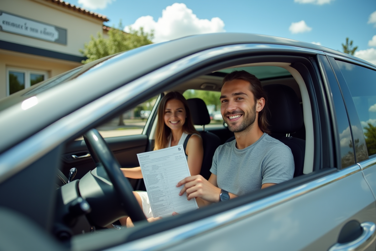 Voiture garée devant une administration française avec des conducteurs souriants
