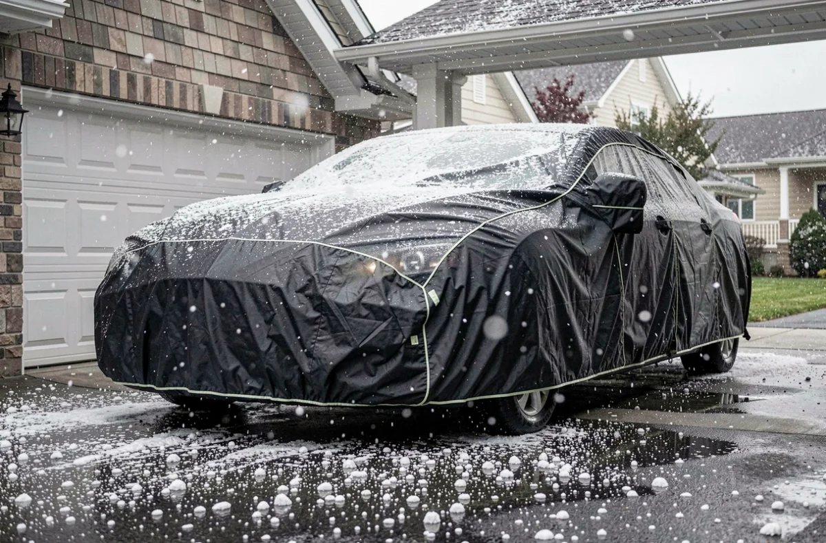 Voiture protégée par une housse rembourrée pendant un orage de grêle
