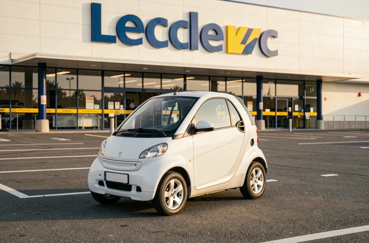 Voiture sans permis blanche garée devant un hypermarché Leclerc avec signalétique visible