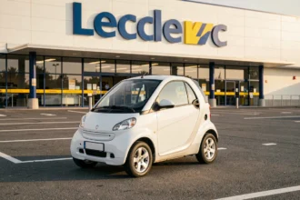 Voiture sans permis blanche garée devant un hypermarché Leclerc avec signalétique visible