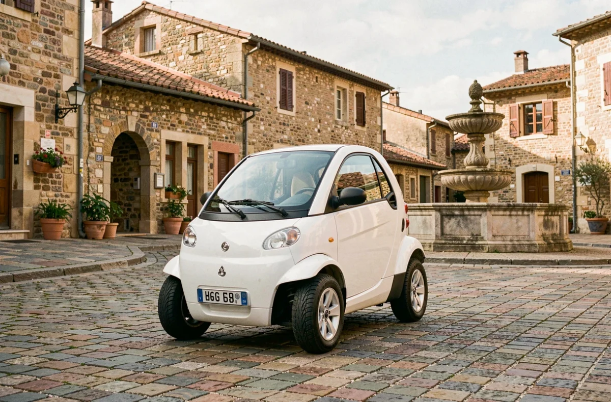 Voiture sans permis blanche garée sur une place de village français pavée, avec fontaine et bâtiments en pierre en arrière-plan