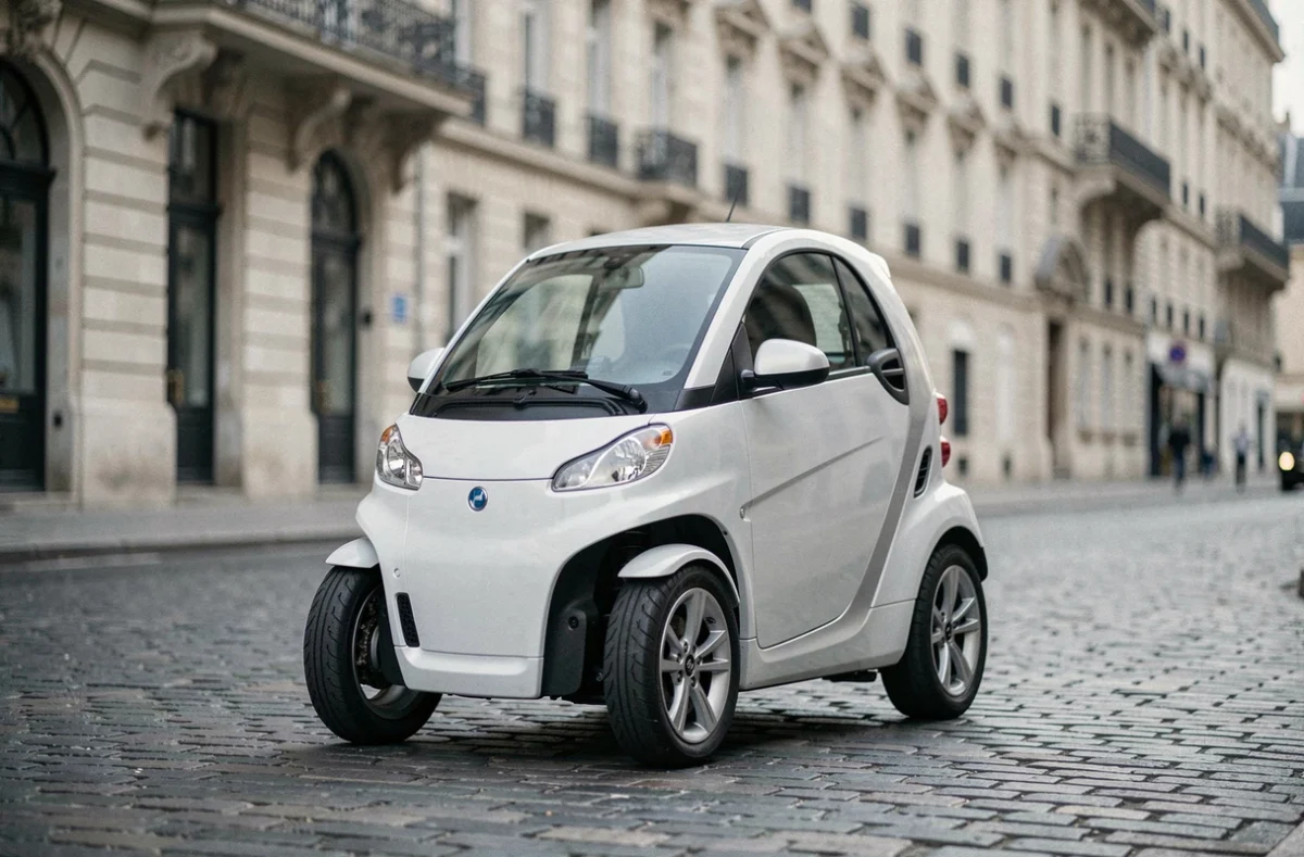 Voiture sans permis électrique blanche garée dans une rue pavée de Paris, vue de trois quarts avant
