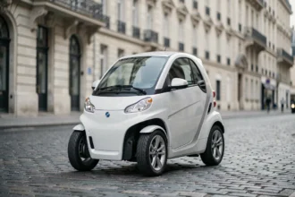 Voiture sans permis électrique blanche garée dans une rue pavée de Paris, vue de trois quarts avant
