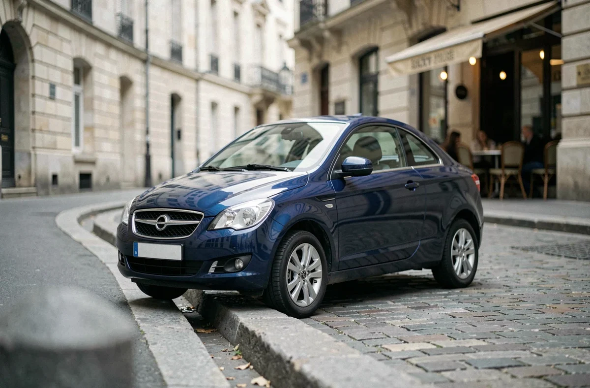 Petite voiture sans permis compacte garée dans une rue pavée européenne, style berline miniature bleu métallisé