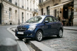 Petite voiture sans permis compacte garée dans une rue pavée européenne, style berline miniature bleu métallisé