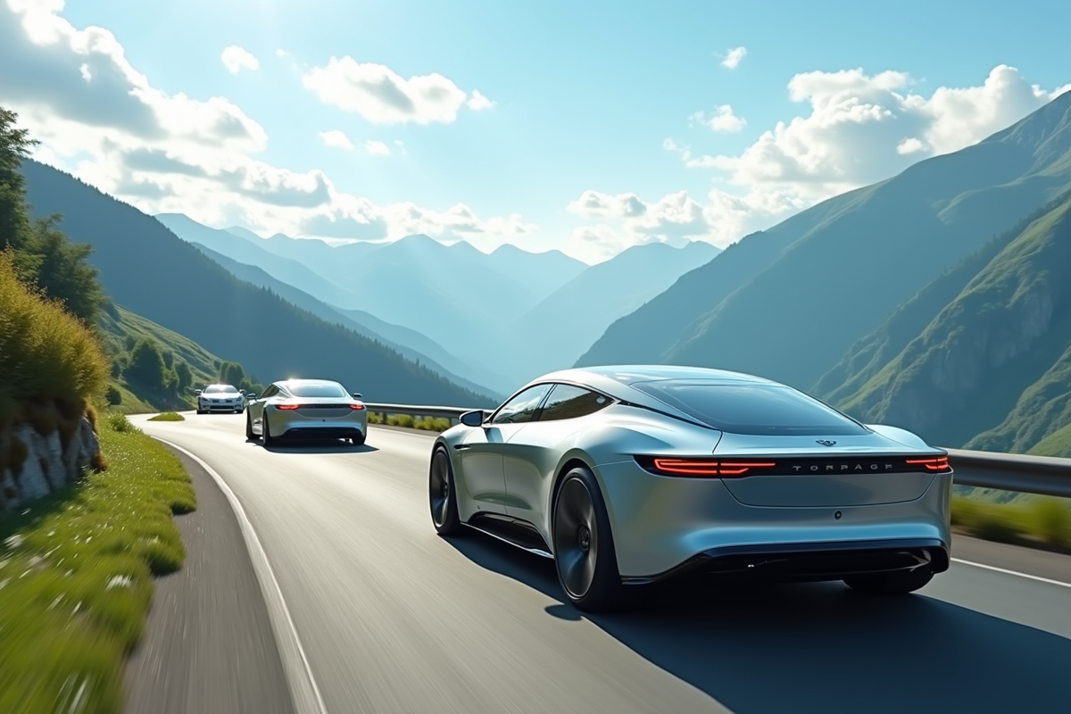 Plusieurs voitures électriques sur une route de montagne en nature