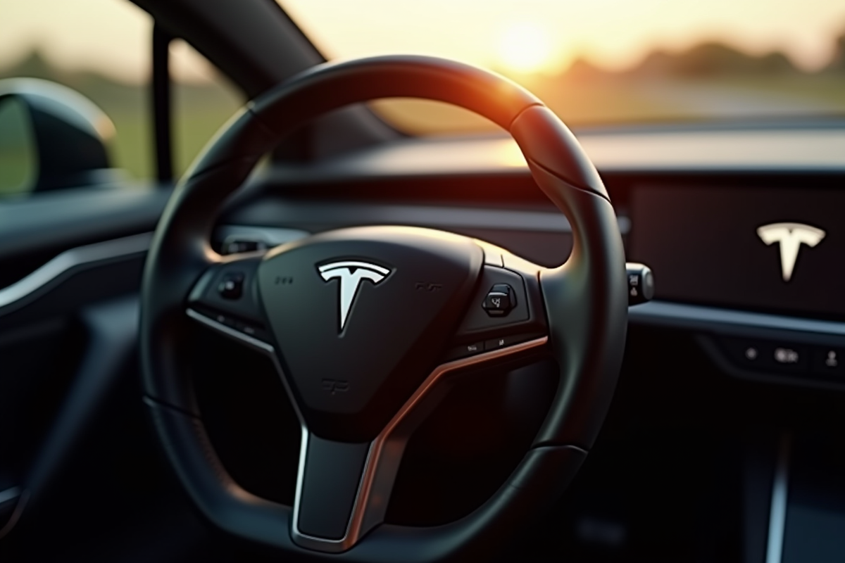 Détail du volant Tesla avec reflet du slogan sur l
