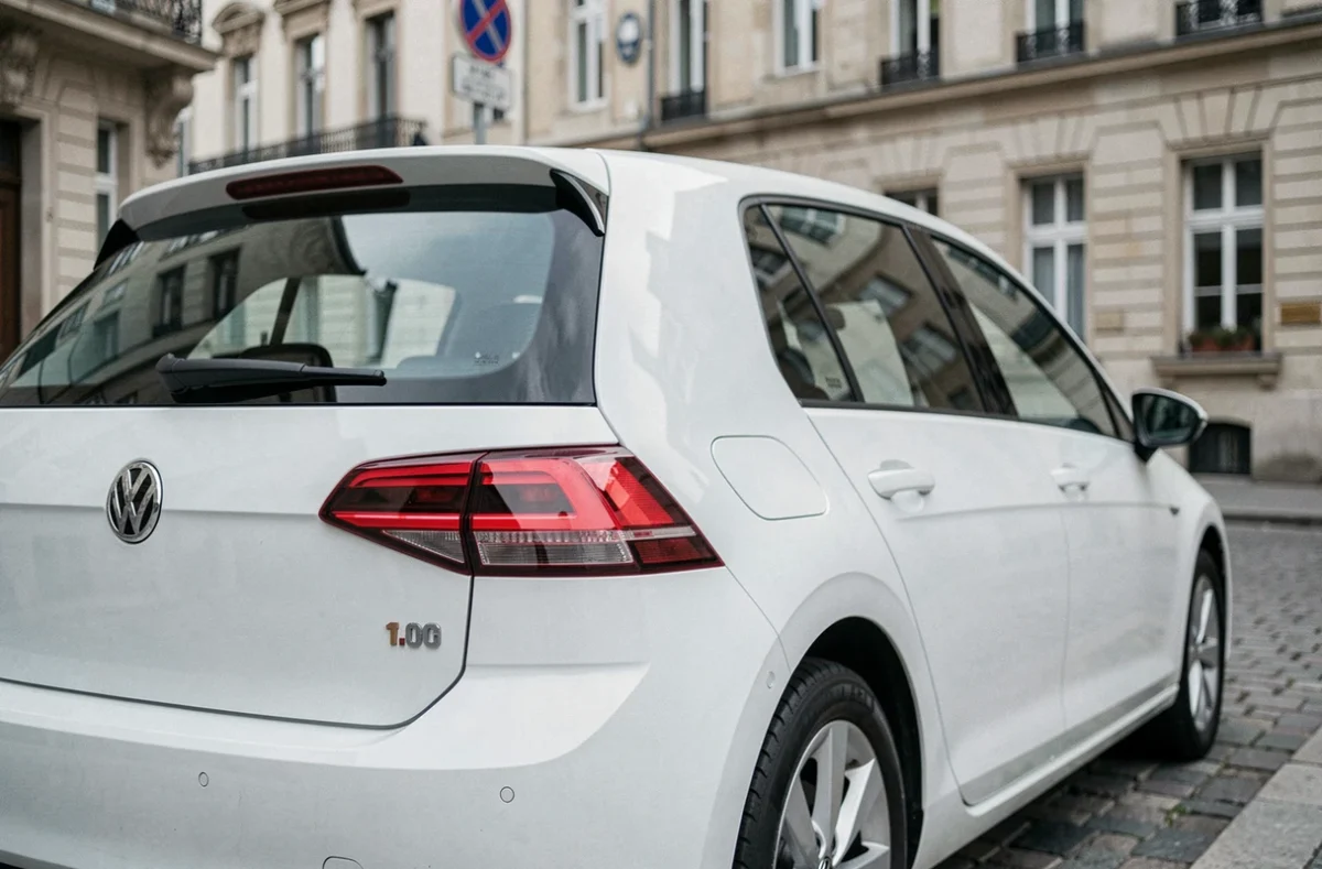 Badge 1.0 TSI sur une Volkswagen Golf blanche garée dans une rue urbaine européenne