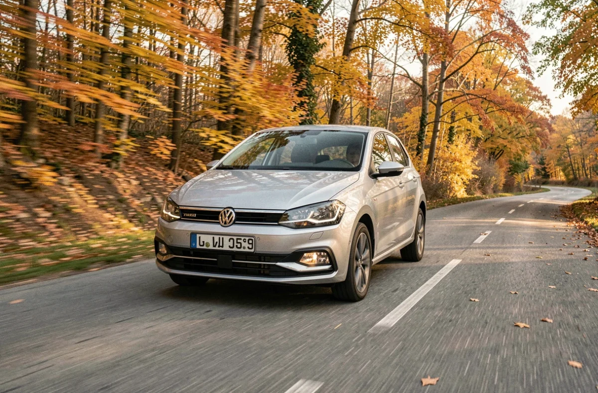 Volkswagen Polo silver roulant sur une route de campagne française en automne