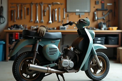 Yamaha TZR 50cc d'occasion en inspection dans un garage, carénage retiré pour vérification du moteur deux temps et du pot d'échappement