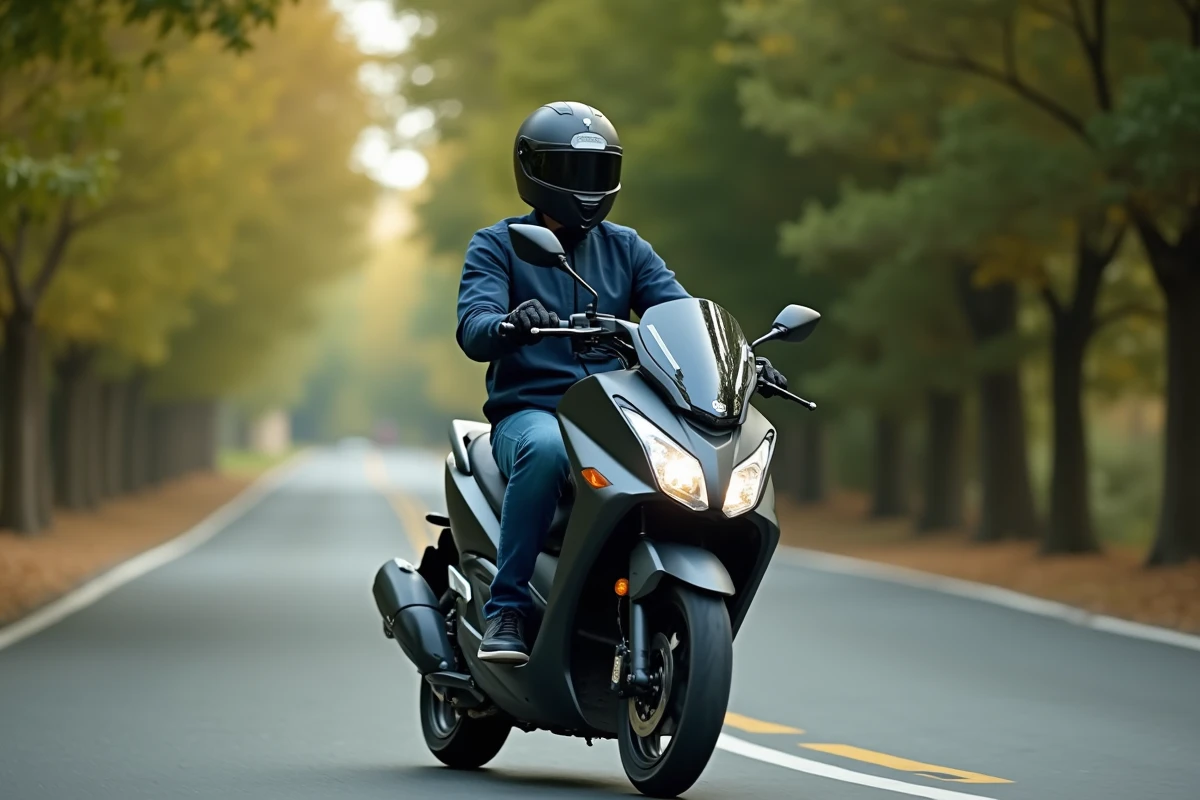 Pilote en veste de moto bleue conduisant un Yamaha XMAX 125 sur une route suburbaine en virage, vue latérale dynamique
